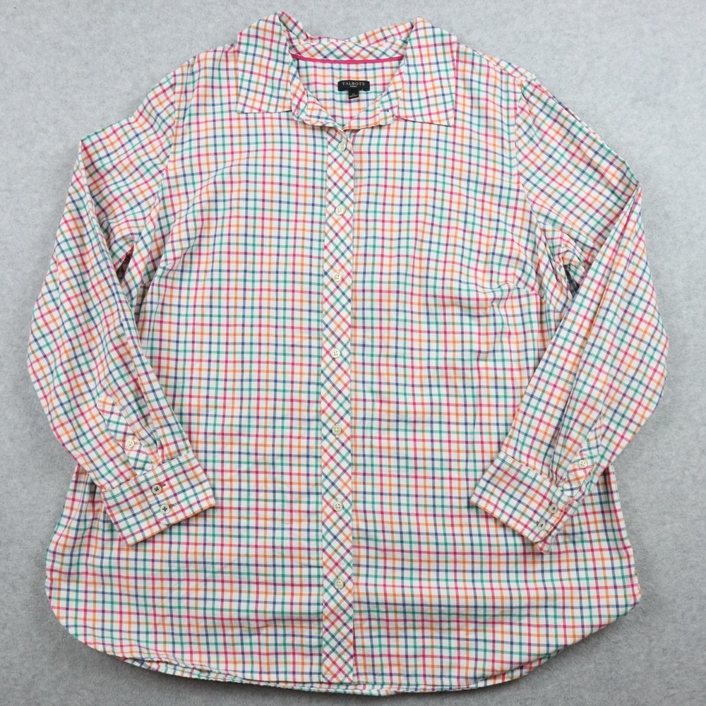 Talbots Shirt Top Womens 1X Plus Collared Button Up Colorful Check Long Sleeve